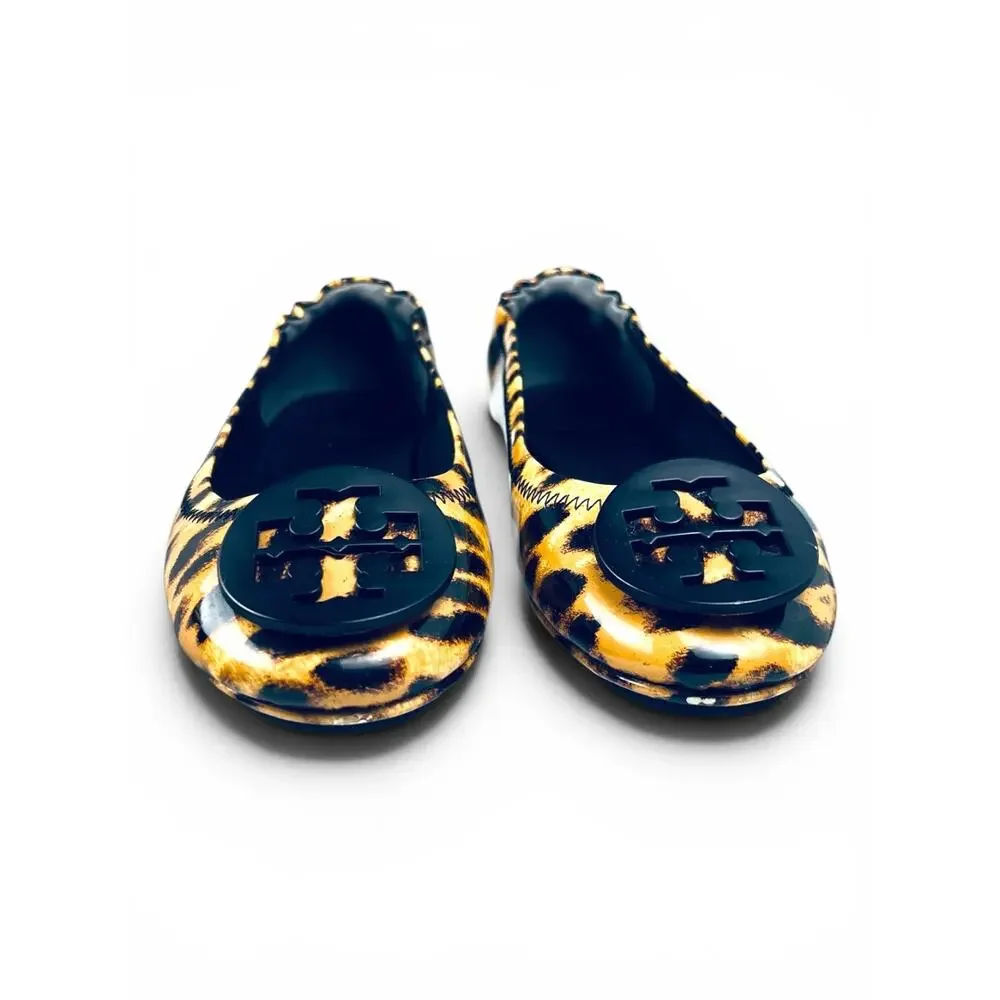 Tory Burch Minnie Travel Leopard Patent Leather Ballet Flats Logo Size 5